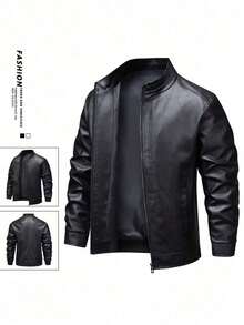 Men's Long Sleeve Windproof Casual Stand Collar PU Leather Jacket, Autumn/Winter, Grunge - màu đen - Xem 7