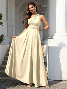 Volly Toych Đầm maxi chiffon không tay, kín đáo, thanh lịch dành cho phù dâu, cổ chữ V bất đối xứng và chi tiết thắt nút xếp nếp, thích hợp cho khách dự đám cưới. - Rượu sâm banh - Xem 3