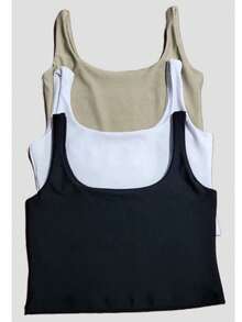 Set Of 3 Cropped Tank Tops, Blogger Style, New Release - Negro, blanco, beige - Ver 1