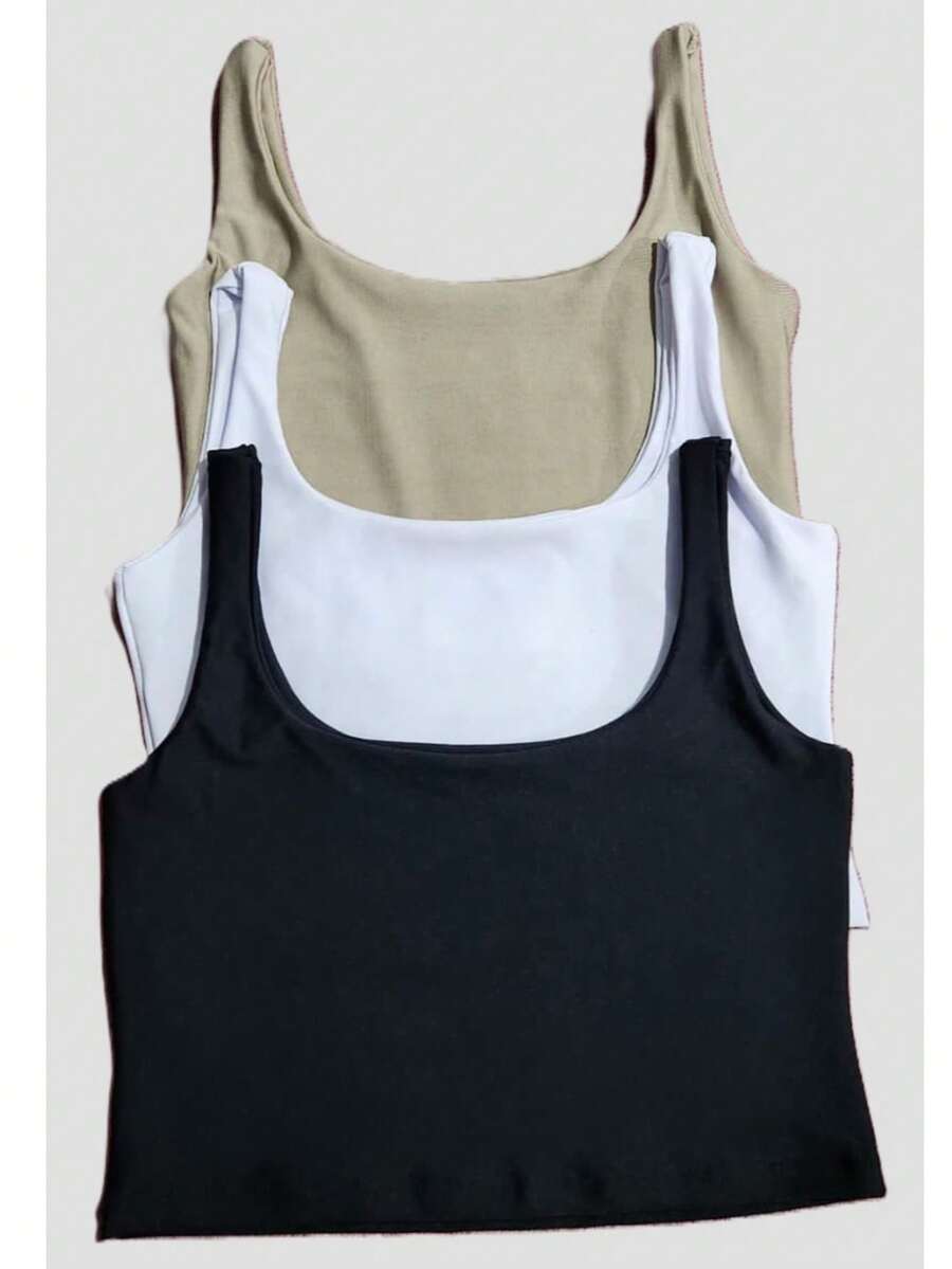 Set Of 3 Cropped Tank Tops, Blogger Style, New Release - Negro, blanco, beige - Ver 1