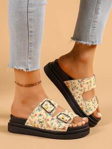 Women's Flat Sandals, New Summer Fashion Thick-Soled Casual Beach Slippers, Floral Pattern Adjustable Strap Sandals - Beige - View 3