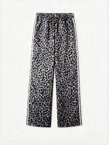 Pantalones con estampado de leopardo y cintura elástica con decoración de rayas laterales para vacaciones de primavera, talla grande para mujer - Gris - Ver 4