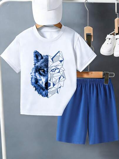 Teenager Boys' Comfortable Casual Wolf Graphic Print Round Neck T-Shirt + Shorts Set, Summer