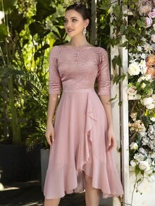 MIUSOL Đầm chữ A bằng chiffon, cổ thuyền, viền bèo nhún, ren hoa, lệch vai, thích hợp làm đầm dự tiệc cưới, đầm mùa xuân, đầm dự tiệc Ngày của Mẹ. - Hồng - Xem 7