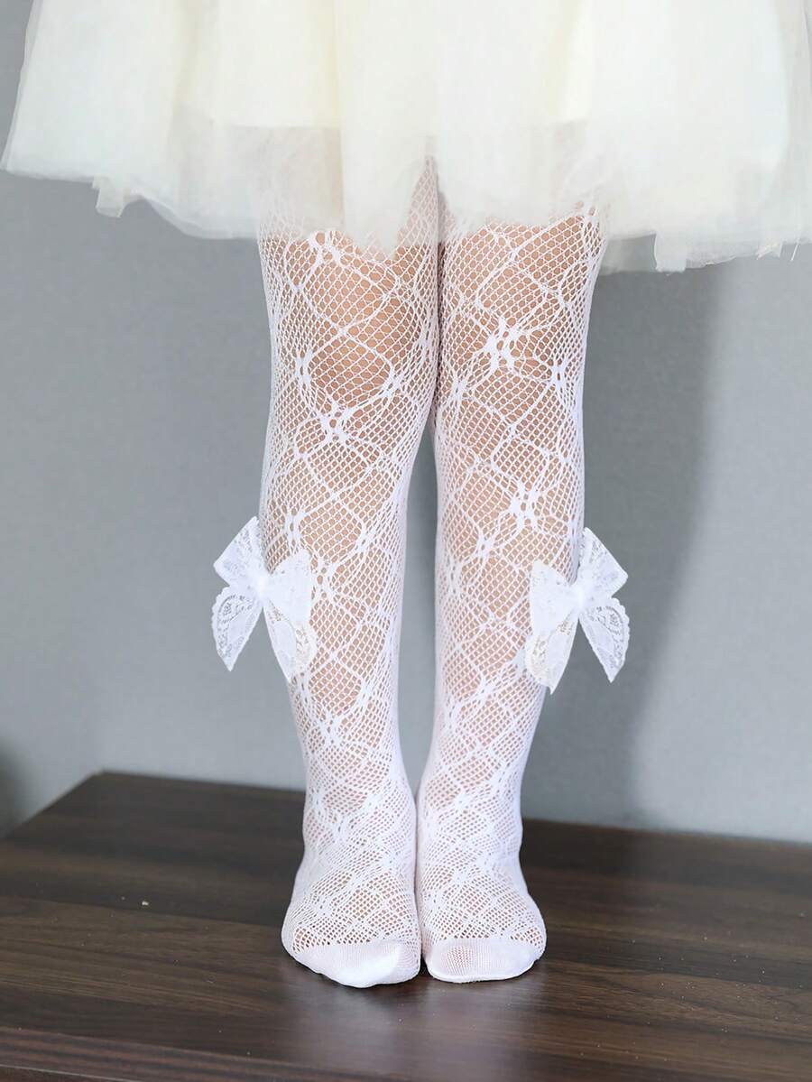 1pc Girls' Sweet Cute Lace Bow Floral Jacquard Mesh Tight Pantyhose, Girls' Breathable Tights For Spring/Summer, Suitable For Lolita, Lady & Princess Style Outfits - White - View 1