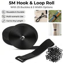 5Meters Adjustable Fastening Hook And Loop Straps With 25 Buckles Free Cut Length Cord Straps For Sewing And Cable Wire Manageme - Black - View 2
