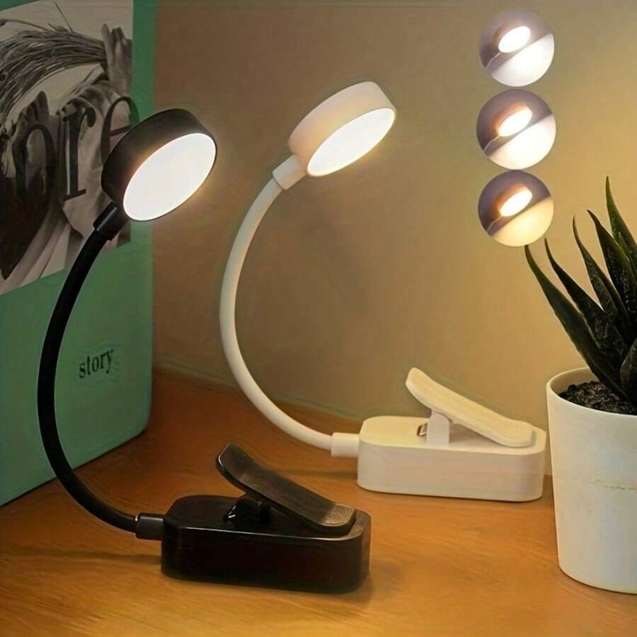 1pc/2pcs Battery Powered White/Black Book Reading Light, Clip-On Book Light, Mini Reading Light, 3-Level Adjustable Brightness, Suitable For Night Reading, Bedside Reading Lighting, Bedroom Reading Light, Student Dorm Book Light