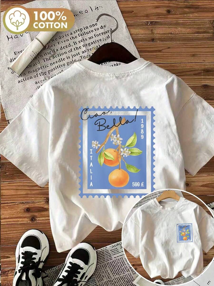 女款 100% 純棉 Ciao Bella Italia 印花 T-shirt,休閒圓領短袖標準版型,適合夏季穿搭、外出、Y2K、秋季、街頭風 - 白色* - 查看 1
