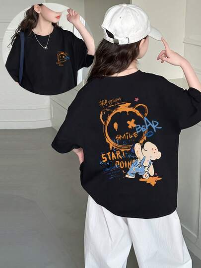 女の子用半袖Tシャツ - 幾何学的な宇宙クマの柄と星とスマイルの文字、柔らかく、丸襟、洗濯機で洗える夏のカジュアルトップス、ティーン向けファッションウェア、純綿プリントTシャツ
