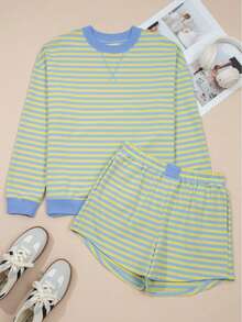 Stripe Color Block Drop Shoulder Long Sleeve Pullover Elastic Waist Short Set - Yellow Stripe - View 3