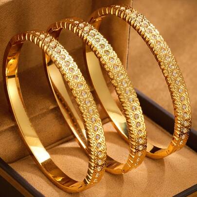 1/2/3 Pieces Fashion Classic Shiny Plated 24k Gold Stainless Steel Mini Double Heart-Shaped Inlaid Bracelet , With Diameter Of 60mm That Can Be Opened , Suitable For Women's Daily Wear , Excluding Box
