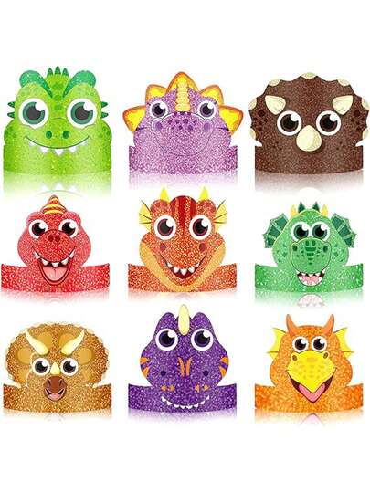 9 pezzi Corone di carta glitterate a tema dinosauro, fasce per capelli con dinosauri cartoni animati, cappelli e copricapi per feste a tema dinosauro, adatti per bambini, bambine e battesimi, decorazioni per feste a tema dinosauro