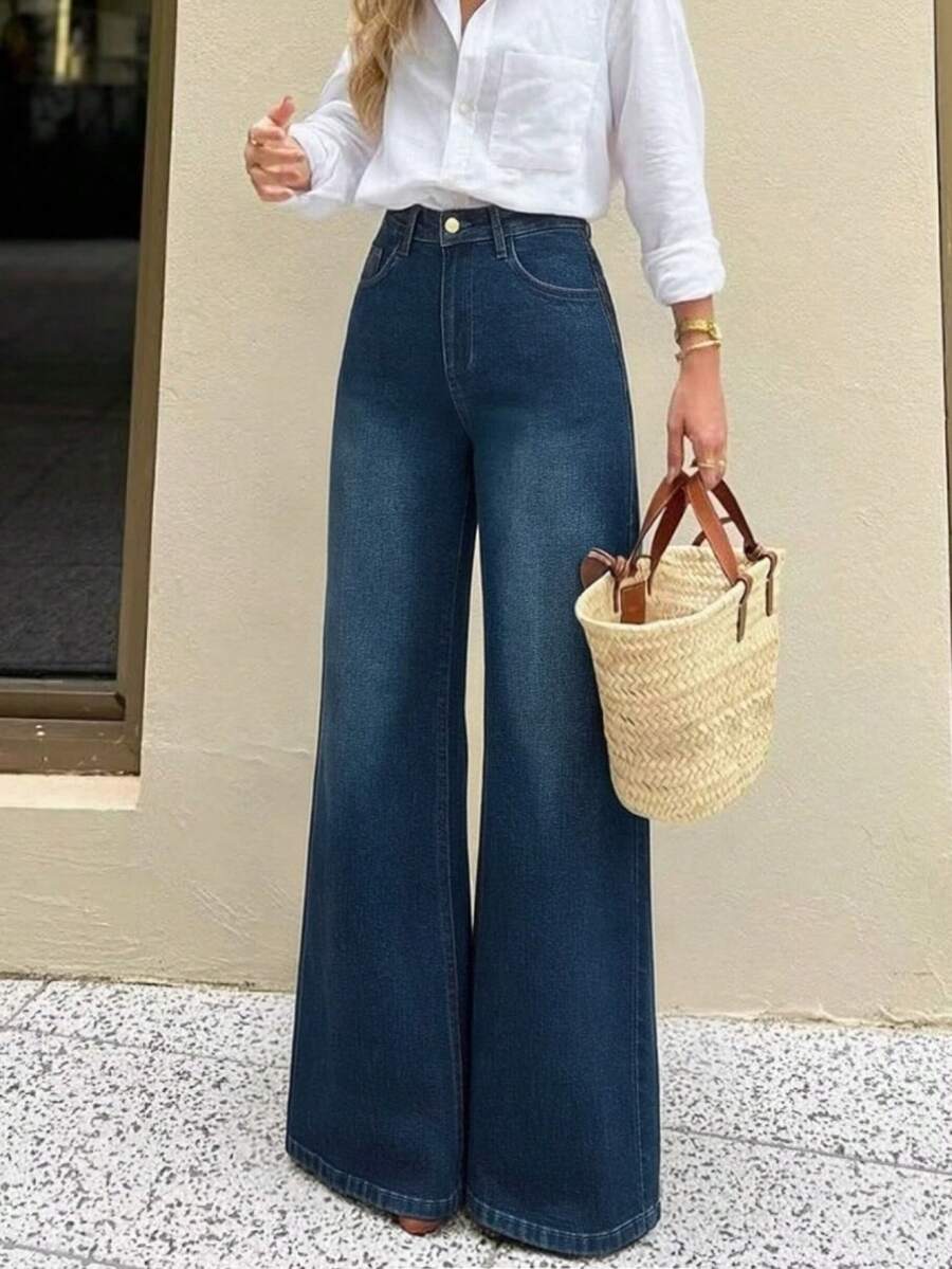 Jeans de pierna ancha lavados en marrón para mujer, pantalones vaqueros cómodos con bolsillos, estilo casual para primavera - Azul lavado oscuro - Ver 1