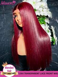 13x4 高清蕾丝前假发，真人前额发丝，200% 密度，直发，预先拔毛发际线，漂白发结，中分，自然外观，易于佩戴，混合发丝，酒红色，99j，适合女性，婚礼派对，日常佩戴，28 英寸 - SBUG - 查看 2