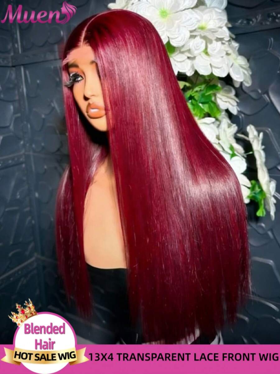 13x4 高清蕾丝前假发，真人前额发丝，200% 密度，直发，预先拔毛发际线，漂白发结，中分，自然外观，易于佩戴，混合发丝，酒红色，99j，适合女性，婚礼派对，日常佩戴，28 英寸