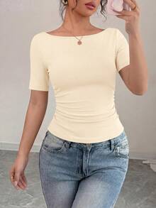 PRETTYGARDEN Womens Summer Short Sleeve Tops Boat Neck Ribbed Knit Slim Fit T Shirt Casual Basic Top Y2K Clothes - 杏色 - 查看 1