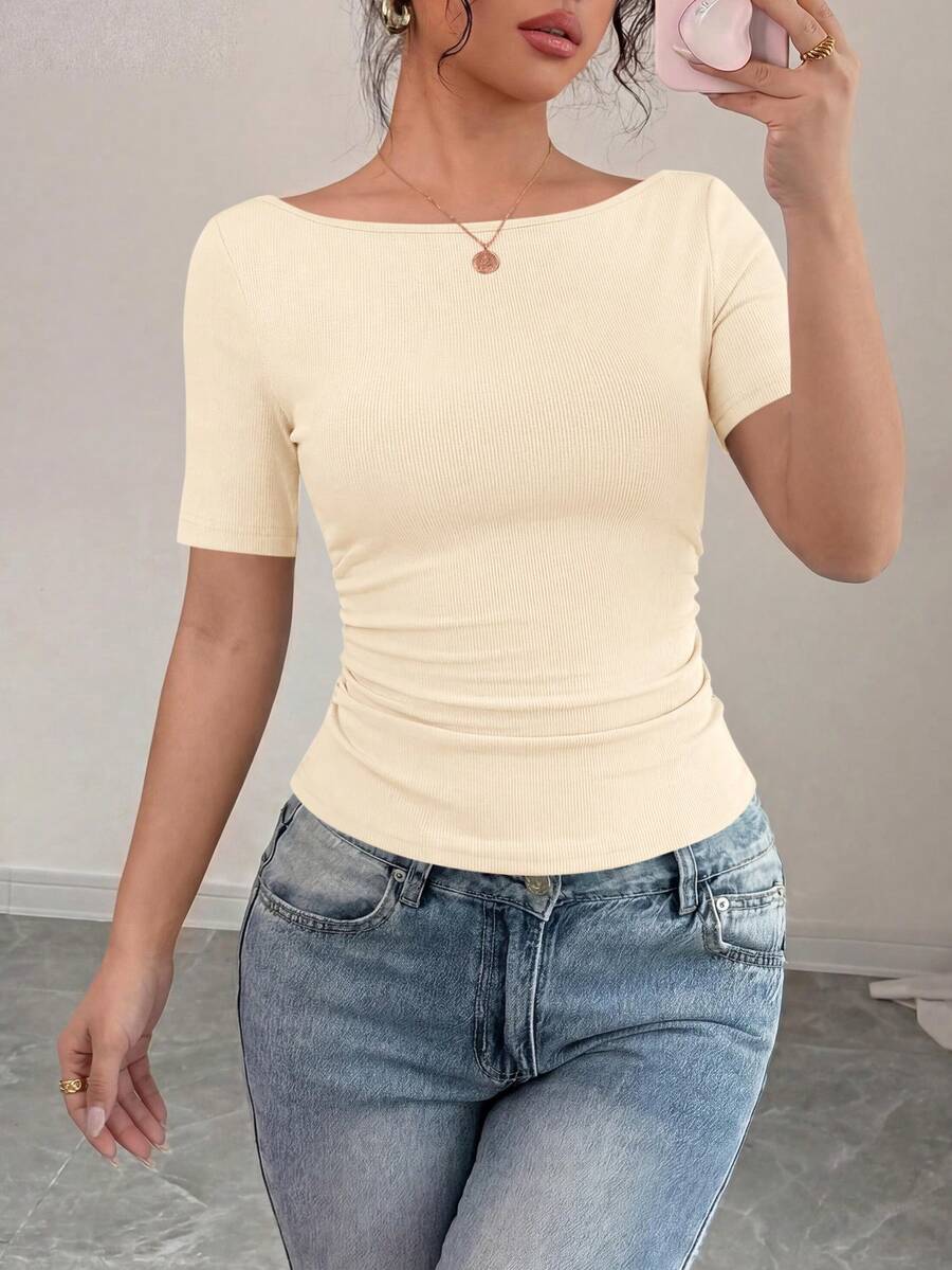 PRETTYGARDEN Womens Summer Short Sleeve Tops Boat Neck Ribbed Knit Slim Fit T Shirt Casual Basic Top Y2K Clothes - 杏色 - 查看 1