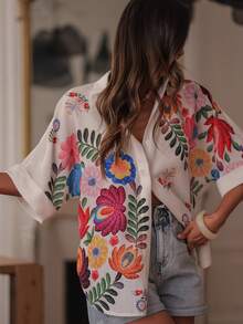 Camisa de mujer de manga corta con botones y estampado floral elegante, adecuada para uso casual diario, primavera/verano, color blanco - Blanco - Ver 3