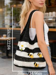Crocheted Bag With 3D Yarn Applique: Bees, Daisies, And Floral Motifs Women's Crossbody Bag, Retro-Style Black & White Contrast Striped Open-Knit Bag, Minimalist, High-Capacity Shoulder Bag, Summer Streetwear, Beach Vacations And Seaside Photography, Women's Straw Hat With Blue And White Floral Accents, Wide-Brimmed Sun Hat,Perfect For Shopping, Commuting, Going Back To School, Vacations - Multicolor - View 11