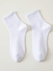 12 Pairs Women's Daily Casual Versatile Solid Color Vertical Ribbed Breathable Mid-Calf Socks - White - View 5