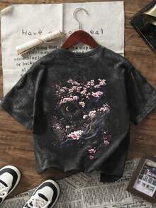 Tween Boy Printed Pullover Washed Short Sleeve T-Shirt, Student Young Children's Clothing, Summer Top Ready For Play, Suitable For Autumn/Winter Layering, INS Casual Street Beach Vacation Airport Breakfast School Daily Outfit, Versatile Styling - Dark Grey - View 3