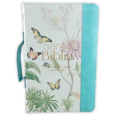 Biblia con Cierre Letra Grande 12 puntos para Mujer RV1960 imit piel turquesa floral con índice, canto floral con asa de mano