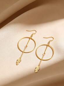 1 Pair Stainless Steel Women's Earrings, Round Hoop & Leaf Pendant Design, Minimalist Luxury Style, Suitable For Daily Wear And Date Outfits - Earring - View 4