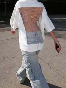 Popular Women's Rhinestone Fishnet Cutout Tee - Oversize White Casual Party Top - White - View 4