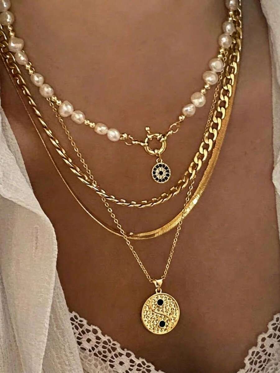 HOTNICE Collar de estilo hip hop multicapa - Dorado - Ver 1