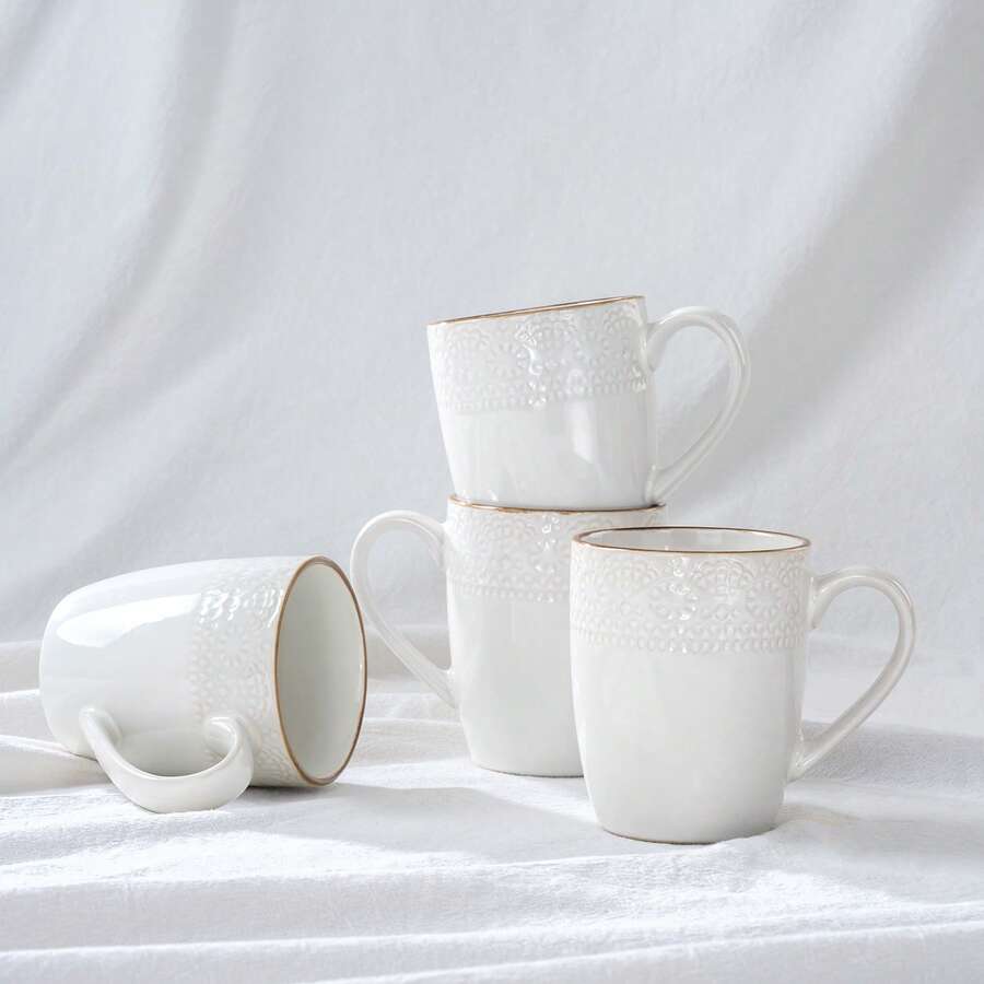 Juego de 4 tazas de café de 14 oz, duraderas y elegantes, con textura delicada - Patrón floral blanco - Ver 1