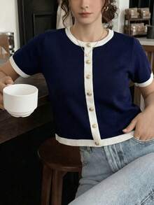Knit Mix 优雅女士休闲波点装饰纽扣针织圆领短袖毛衣上衣，春夏款 - 藏蓝色 - 查看 6