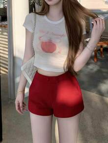 Áo thun ngắn tay ôm dáng dễ thương in hình quả táo dành cho nữ, thích hợp cho mùa xuân/hè. - trắng - Xem 1