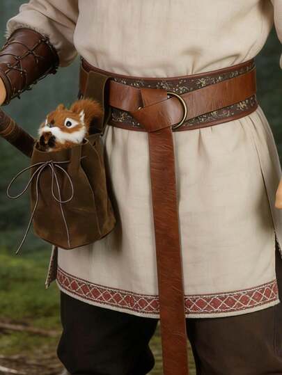 中世纪维京风格皮革腰包，抽绳腰包，文艺复兴集市角色扮演道具，复古棕色腰包，适合奇幻服装，户外徒步实用收纳包（不含毛绒松鼠）