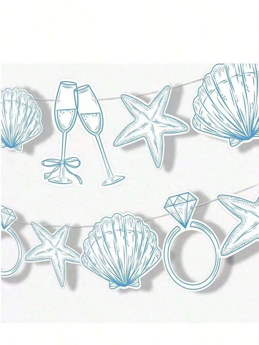 1set Last Toast On Blue Beach Bridal Or Bachelorette Party Decor Seashells, Champagne Glasses Wedding Ring Shaped Paper Beach Seashell Party Banners Ocean Party Decorations Natural Seashell Starfish Conch Theme Cardboard Banners Summer Coastal Beach Sea Birthday Party Shower Supplies - Multicolor - View 1
