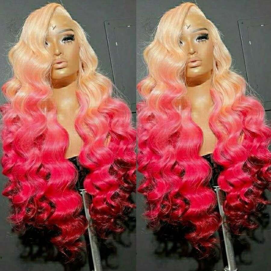13X4 Ombre Pink Lace Front Wigs Transparent HD Lace Ombre Pink To White Body Wave Synthetic Hair, Pre-Plucked Glueless 28 Inch Long Wave Wig With 180% Density Ombre Red Wigs For Women & Men, All Ethnicities, Party & Daily Wear, Preplucked Hairline - Màu hồng ombre - Xem 1