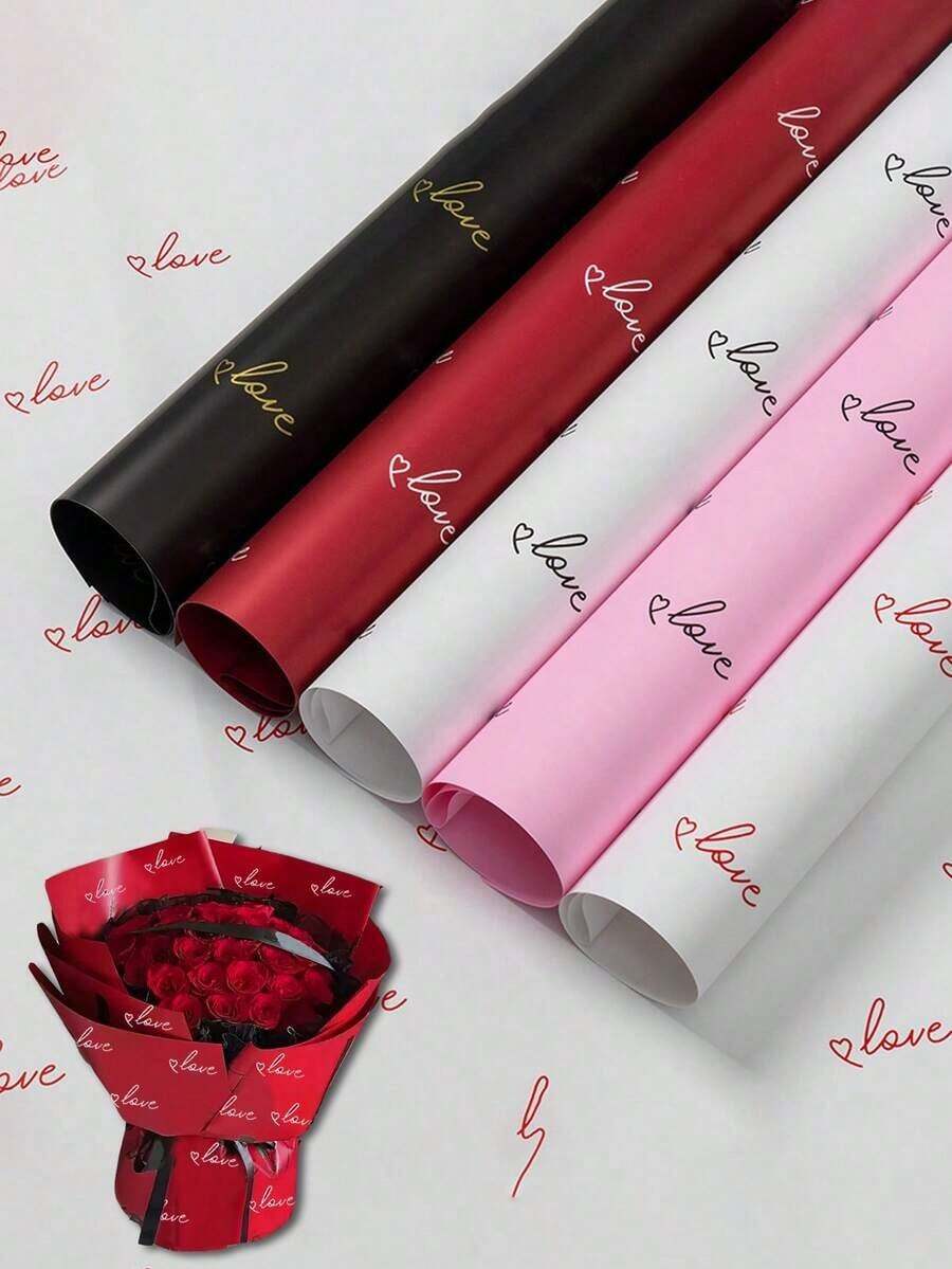 40/20pcs Red/Pink/White/Black Waterproof Floral Wrapping Paper, Valentine's Day Love Gift Flower Wrapping Paper, Romantic "Love" Letter And Heart Pattern Decor Flower Wrapping Paper, Flower Bouquet Decor, Suitable For DIY Gift Packaging, Flower Shop Supplies, Flower Bouquet Supplies, Gift Wrapping Paper, Fresh Flower Wrapping Paper - 多色的 - 查看 1