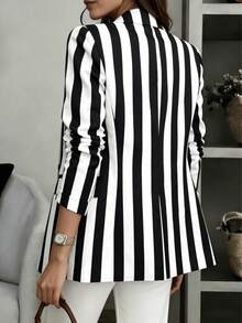 Chaqueta Blazer de Manga Larga con Bloques de Color y Rayas con Bolsillos - Chaqueta con Solapa de Muesca y Botones Delanteros para Vacaciones para Mujer - rayas anchas blancas y negras - Ver 5