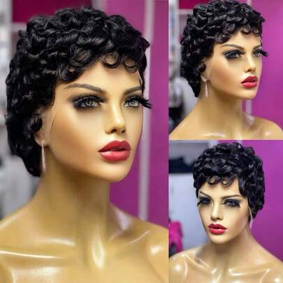 Curly Wavy Short Wig, Human Hair Lace Front Wig, Pixie Short Wig, 99J Wine Red, 4# Brown, 1B Black Short Wig, 13*4*1 T-Part Lace Front Wig, Suitable For Daily Wear, Short Lace Front Wig, Human Hair, Quick To Wear, Convenient For Going Out