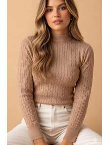 Basic Braided Blouse With Medium Neckline, Modal Knit, Braided Knit, Holiday, Winter. - 米色 - 查看 1