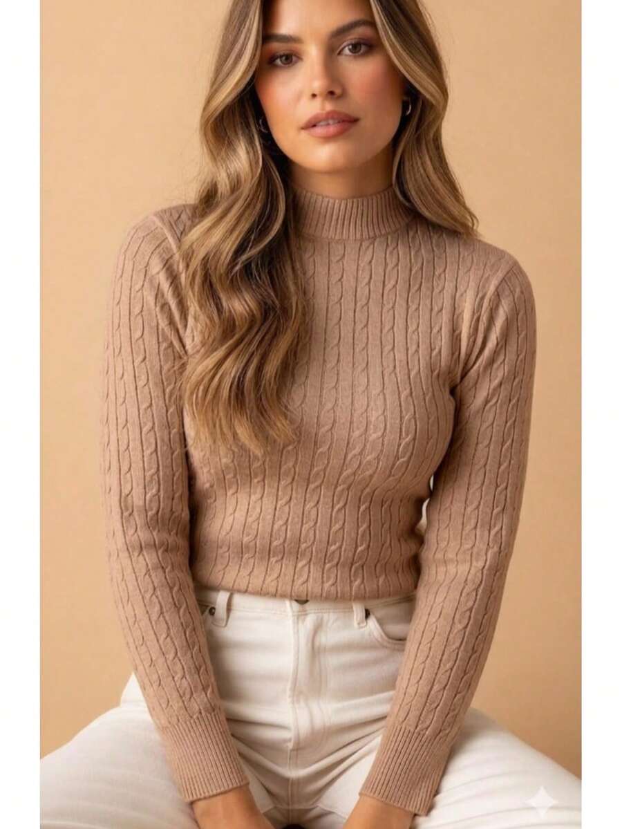 Basic Braided Blouse With Medium Neckline, Modal Knit, Braided Knit, Holiday, Winter. - 米色 - 查看 1