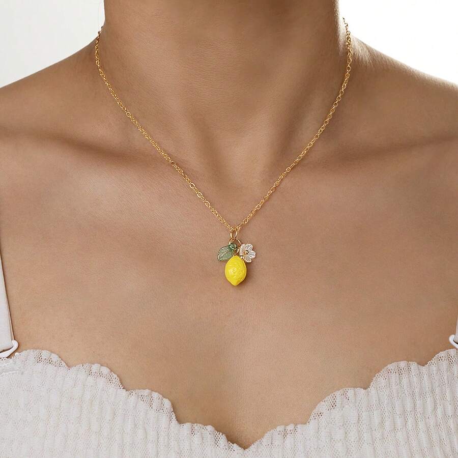 1pc Refreshing Lemon Flower Pendant Necklace, Suitable For Daily Wear, Vibrant - Multicolor - View 1