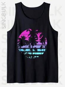 Men'S Cotton Comfy Sleeveless With Beach Palm Trees Print, Casual Round Tank Tops For Summer, Graphic Tee Men'S Outdoor Clothes, Men'S Clothing - 黑色 - 查看 6