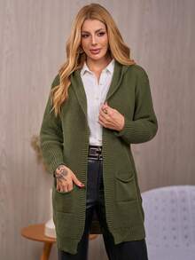 Women's Winter Cardigan, Knitted Cardigan With Hood And Pockets, Long Winter Coat For Women, Casual Everyday Wear, Women's Coats - 綠色 - 查看 1