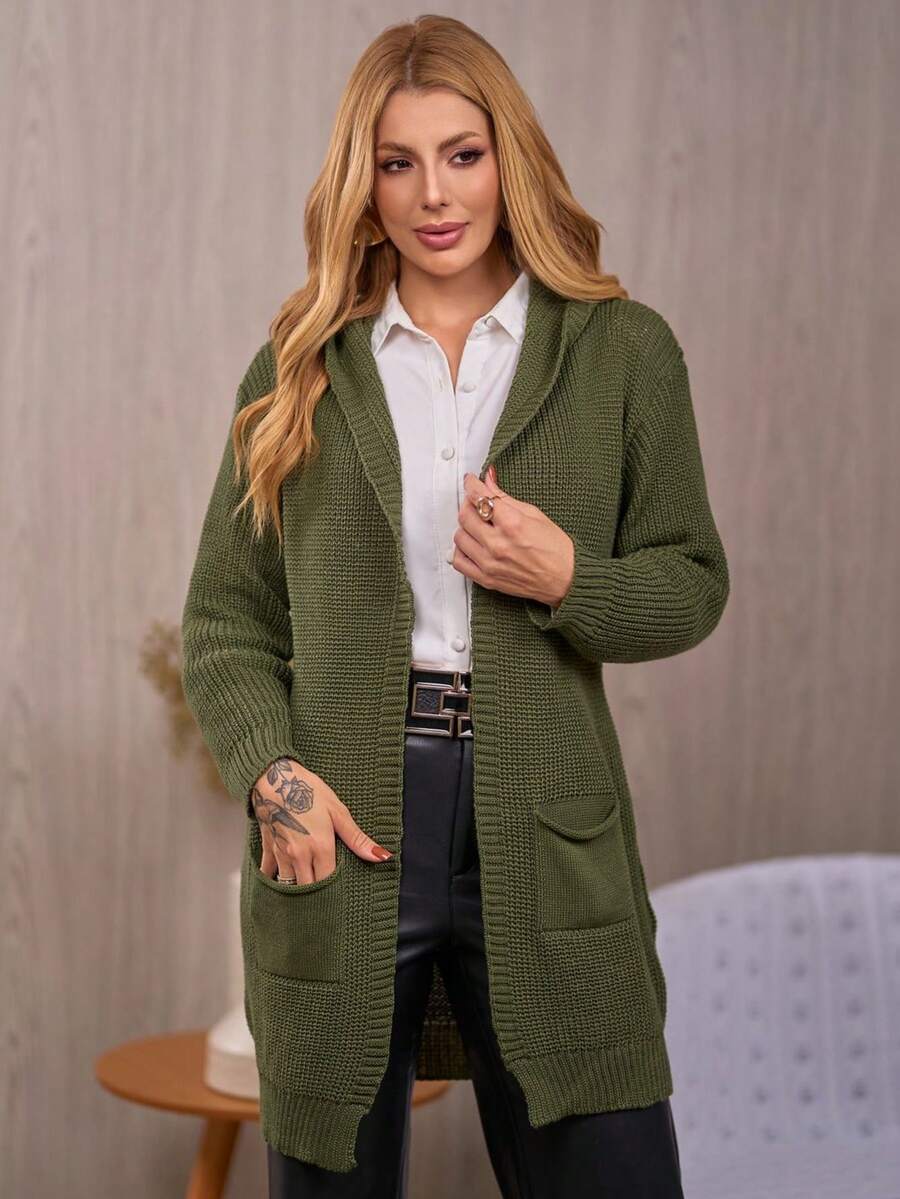 Women's Winter Cardigan, Knitted Cardigan With Hood And Pockets, Long Winter Coat For Women, Casual Everyday Wear, Women's Coats - 綠色 - 查看 1