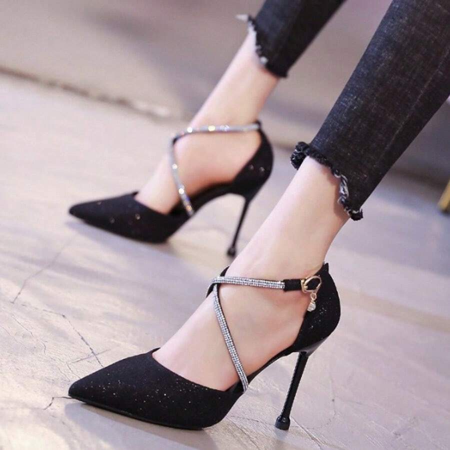 Zapatos de tacón para mujer con cordón, hebilla de strass, puntera abierta y punta afilada; zapatos de tacón alto con cordón y hebilla; sandalias de tacón fino para mujer - Negro - Ver 1