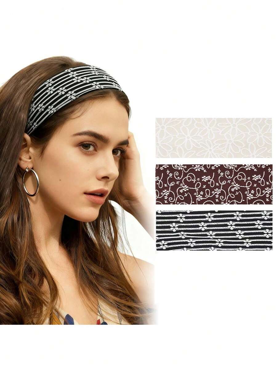 3pcs Vintage Lace Headbands Set, Yoga Elastic Solid Color Headbands, Embroidered Floral Pattern Headbands, Bohemian Elegant Soft Breathable Hair Bands For Daily/Vacation/Workout,Travel,Birthday - Multicolor - View 1