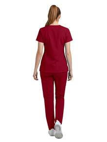 2pcs/Set Women Nurse Scrub Set, Top + Pants With Pockets, /Surgery Room/Beauty Salon Work Wear Spring Red - Red - View 4