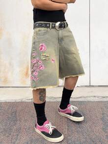 1pc Vintage Distressed Embroidered Ripped Infinite Jeans, Loose Comfortable Wide Leg Casual Denim Shorts For Men, Summer Versatile (Excluding Belt And Accessories) - Blue - View 1
