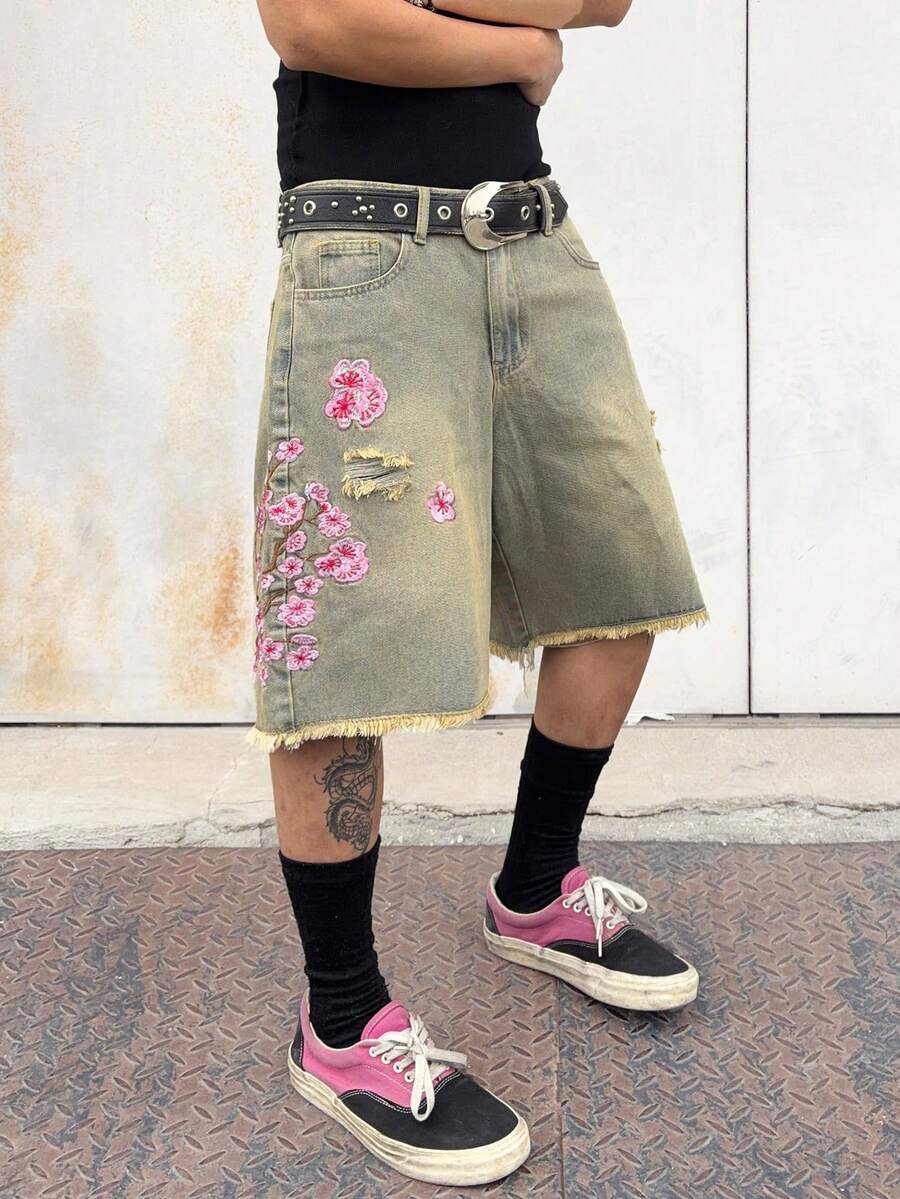 1pc Vintage Distressed Embroidered Ripped Infinite Jeans, Loose Comfortable Wide Leg Casual Denim Shorts For Men, Summer Versatile (Excluding Belt And Accessories) - Blue - View 1