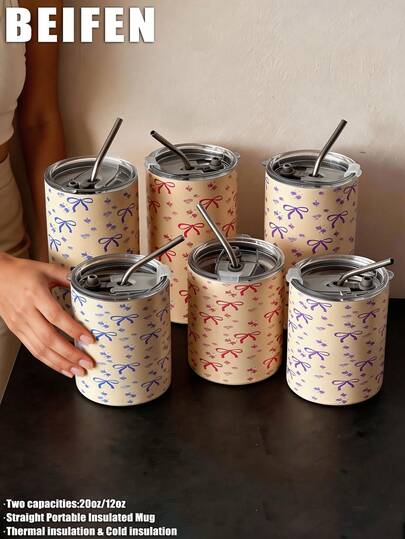 1 pahar izolat din oțel inoxidabil cu perete dublu, 360 ml - 600 ml, cu design floral și cu fundă, potrivit pentru călătorii, acasă, școală, serviciu, sport, cadou de sărbători și ziua de naștere, 1 buc.
